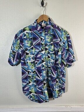 Vintage 80s American Weekend Women's Floral Geometric Button Up Shirt S Blue